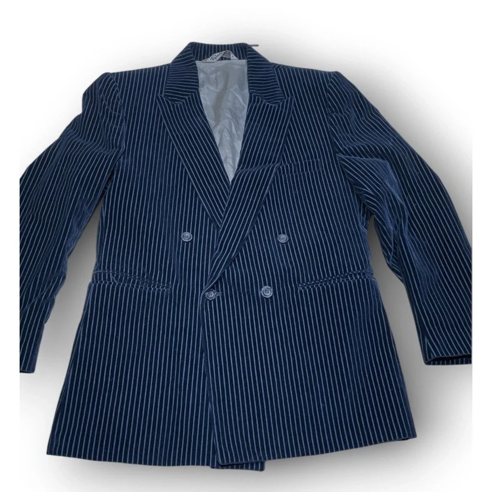 Vtg Falcone Double Breasted Navy Blue Striped Velvet Blazer Mens 42 ACTWU USA